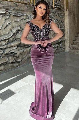 Purple velvet sleeveless beaded prom dress_1