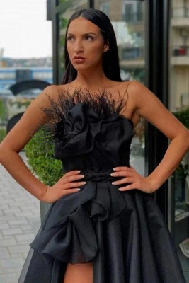 Vintage Black Tddecoration Strapless Ruffles Tea-length A-line Prom Dresses with Slit_2