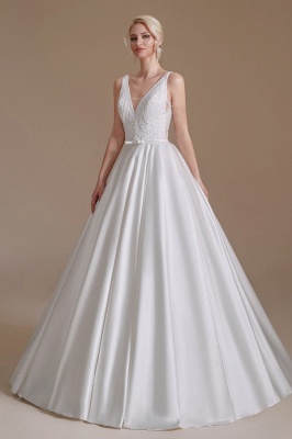Свадебное платье Aline Атласное свадебное платье без рукавов с V-образным вырезом и цветочным кружевным узором_4