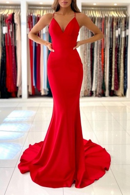 Robe de bal en satin rouge sexy bretelles spaghetti robe de soirée col en V longue_3
