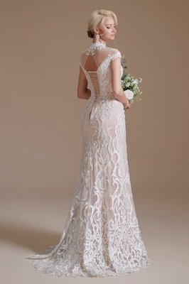 Chic Cap Sleeves White Mermaid Wedding Dress with Lace Appliques High Neck Bridal Dress_6