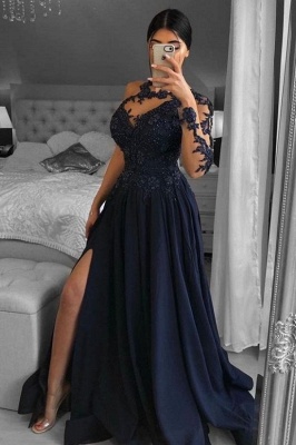 Одно плечо шифон вечернее платье с разрезом сбоку цветочные кружевные аппликации длинное платье выпускного вечера_1