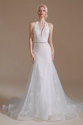 Очаровательное свадебное платье русалки с лямкой на шее Белое свадебное платье с открытыми плечами и глубоким V-образным вырезом_3