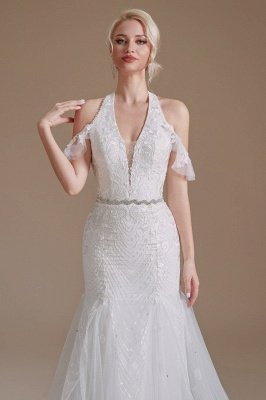Charmoso vestido de noiva halter sereia vestido de noiva branco ombro a ombro com decote em V profundo_7