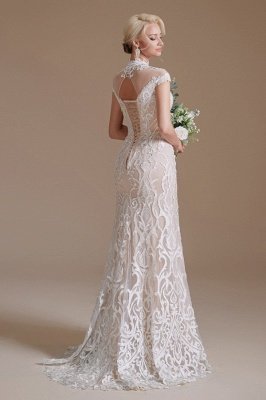 Schicke Flügelärmel, weißes Meerjungfrau-Hochzeitskleid mit Spitzenapplikationen, hochgeschlossenes Brautkleid_6