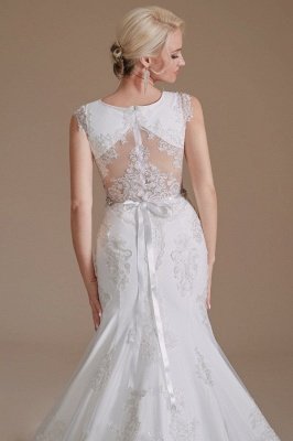 White Sleeveless Mermaid Wedding Dress Floral Lace Bridal Dress wit Belt_8