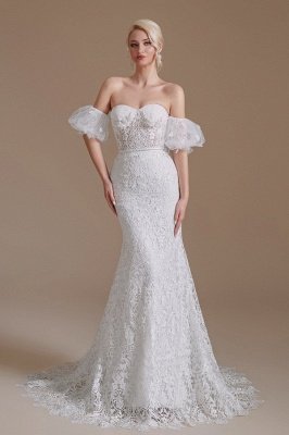 Romántico vestido de novia de sirena con escote corazón y hombros descubiertos Vestido de novia de encaje floral