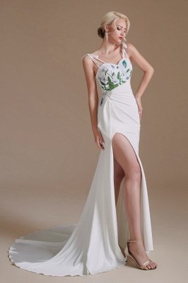 Impressionante vestido de noiva com alças finas e fenda lateral com padrão de folhas_4