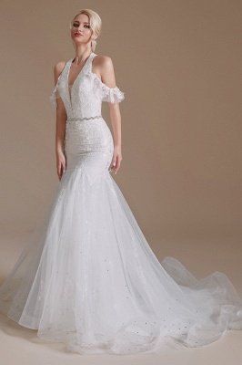 Очаровательное свадебное платье русалки с лямкой на шее Белое свадебное платье с открытыми плечами и глубоким V-образным вырезом_5