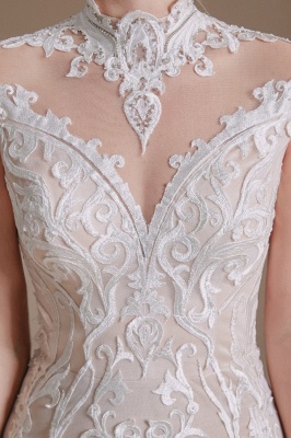 Schicke Flügelärmel, weißes Meerjungfrau-Hochzeitskleid mit Spitzenapplikationen, hochgeschlossenes Brautkleid_9