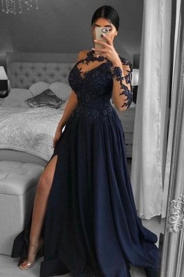 Une épaule en mousseline de soie fendue sur le côté robe de soirée dentelle florale appliques longue robe de bal_1