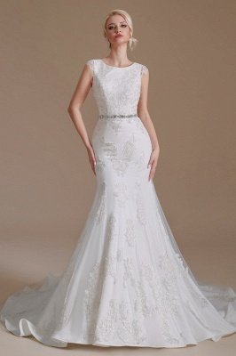 White Sleeveless Mermaid Wedding Dress Floral Lace Bridal Dress wit Belt_3