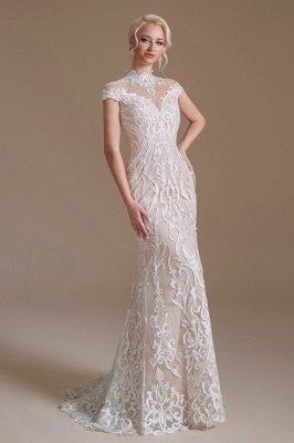 Schicke Flügelärmel, weißes Meerjungfrau-Hochzeitskleid mit Spitzenapplikationen, hochgeschlossenes Brautkleid_4