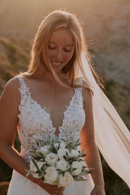 Белое пляжное свадебное платье трапециевидной формы с v-образным вырезом и v-образным вырезом длиной до пола, без рукавов_3