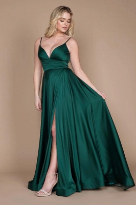 Elegant Dark green satin high split prom dress_2