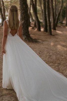 Straps v-neck floor length sleeveless a-line white beach wedding dress_2