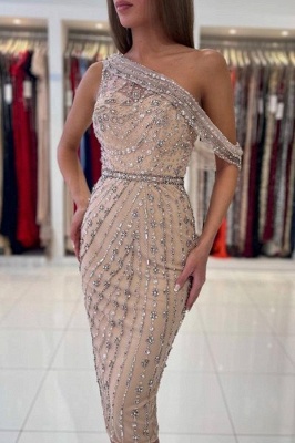 Асимметричное платье для выпускного вечера длиной до колена на одно плечо с блестками и бисером_3
