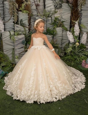 Elegante Prinzessin Blumenmädchenkleider mit langen Ärmeln Blumen Tüllapplikationen Geburtstagsfeierkleid für Kinder_2
