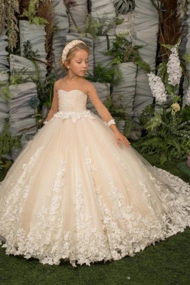 Elegant Princess Flower Girl Dresses with Long Sleeves Floral Tulle Appliques Birthday Party Dress for Kids