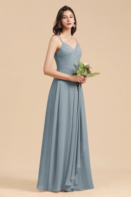 Elegant Ruched Chiffon Bridesmaid Dress Dusty Blue V-Neck Wedding Guest Dress_3