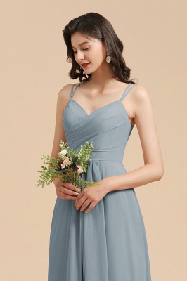 Elegant Ruched Chiffon Bridesmaid Dress Dusty Blue V-Neck Wedding Guest Dress_2