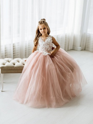 Dusty Pink Flower Girl Dress Tulle Sleeveless Lace First communion dress for girl Birthday Party Dress Bowtie with Train_5