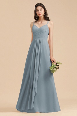 Elegant Ruched Chiffon Bridesmaid Dress Dusty Blue V-Neck Wedding Guest Dress_5