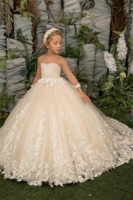Elegante Prinzessin Blumenmädchenkleider mit langen Ärmeln Blumen Tüllapplikationen Geburtstagsfeierkleid für Kinder