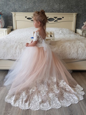 Kurze Ärmel Prinzessin Blumenmädchenkleider Blumenspitze Applikationen Blushing Pink formelles Kleid für Mädchen_2