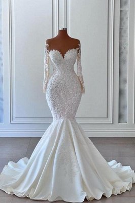 Lindo vestido de noiva branco sereia de manga comprida vestidos de noiva de grau coração