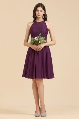 Halter Purple Lace Short Wedding Party Dress Sleeveless Chiffon Maid of Honor Dress