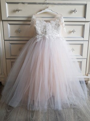 Kurze Ärmel Prinzessin Blumenmädchenkleider Blumenspitze Applikationen Blushing Pink formelles Kleid für Mädchen_5