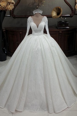 Великолепное свадебное платье Aline с блестками и блестками, свадебное платье с V-образным вырезом и рукавами_1