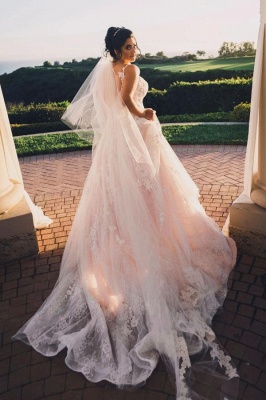 Romantic Sleeveless Floral Lace Wedding Dresses Aline Bridal Dress_2