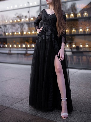 Черное платье трапециевидной формы с длинными рукавами и v-образным вырезом с высоким разрезом_2