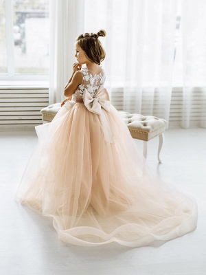Dusty Pink Flower Girl Dress Tulle Sleeveless Lace First communion dress for girl Birthday Party Dress Bowtie with Train_2