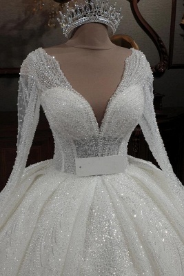 Gorgeous Glitter Sequins Aline Wedding Gown V-Neck Bridal Dress with Sleeves_4
