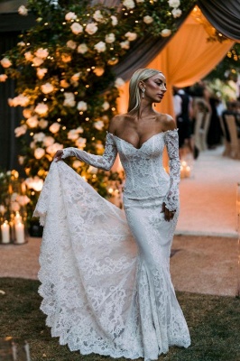 White Mermaid Wedding Dress with Sleeves Off-the-Shoulder Floral Lace Bridal Dress_1