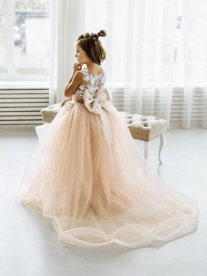 Пыльно-розовое платье с цветочным узором для девочек, кружевное платье без рукавов из тюля, платье для первого причастия для девочки, платье для дня рождения, галстук-бабочка со шлейфом_2