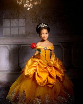 Robe de princesse jaune pour fille pour fête d'anniversaire Robe en tulle de velours à épaules dénudées pour enfants_4