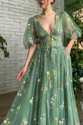 V-neck green long sleeves a-line floral prom dress_3