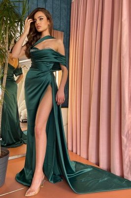 Sexy Off Shoulder Ruched Satin Prom Dress Side Slit Evening Dress with Train