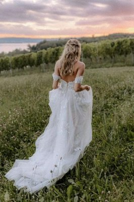 Elegante vestido de noiva de tule floral rendado ombro a ombro_4