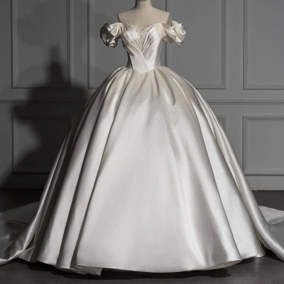 Off-the-Shoulder Ruched  Satin Princess Ball Gown Wedding Dress_2