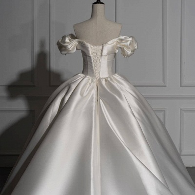 Off-the-Shoulder Ruched  Satin Princess Ball Gown Wedding Dress_6