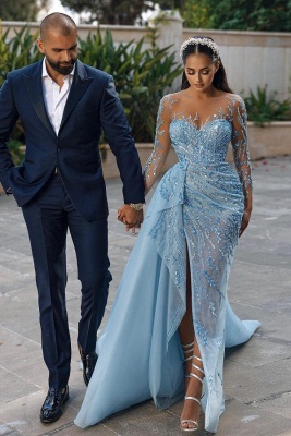 Sky blue Sweetheart Sparkle Crystals Long Prom Dress with Side Sweep Train_2