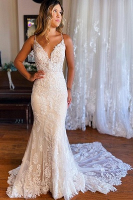 Elegante vestido de noiva floral sem mangas sereia com decote em V_1