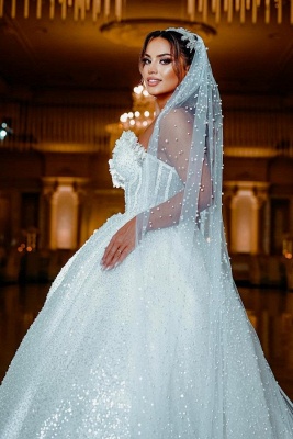 Beautiful Sweetheart Strapless Pearls Bridal Dress Sleeveless Glitter Sequins Wedding Dress_2