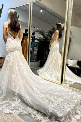 Элегантное свадебное платье русалки без рукавов с v-образным вырезом и кружевными аппликациями из тюля свадебное платье_3