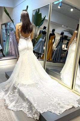 Elegant Sleeveless V-Neck Mermaid Wedding Dress Tulle Lace Appliques Bridal Dress_2